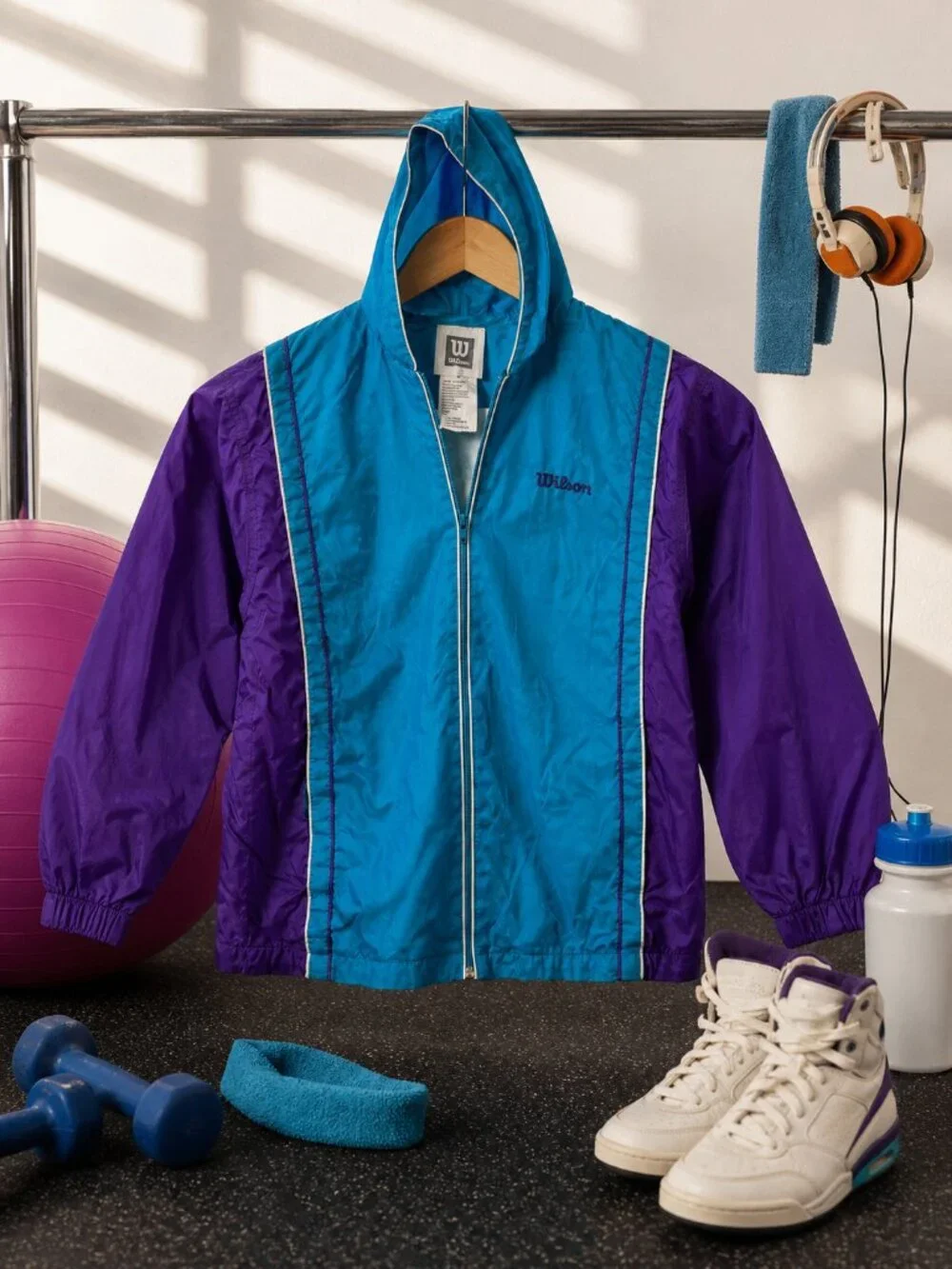Vintage‎ Wilson 80s 90s Windbreaker Jacket Purple Blue with Hood Size Large
